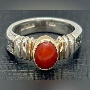 Vintage Red Coral Cabochon Bezel 14k Gold and Sterling Silver Ring Size 6.75